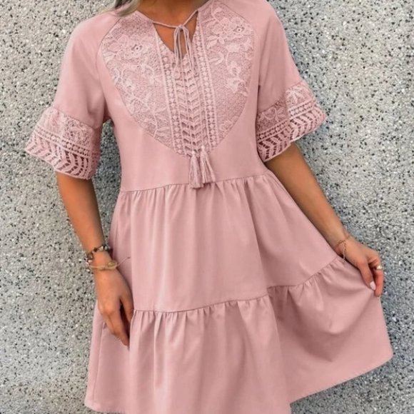 Tassel Tie Ruffle Hem lace detailed mini Dress - Picture 2 of 6